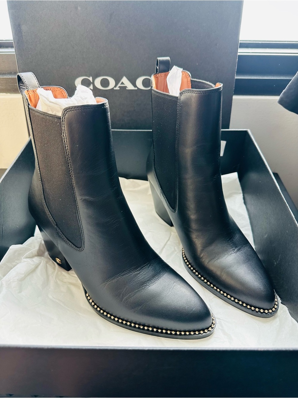 COACH Black Leather Stud-Trim Chelsea Ankle Boots